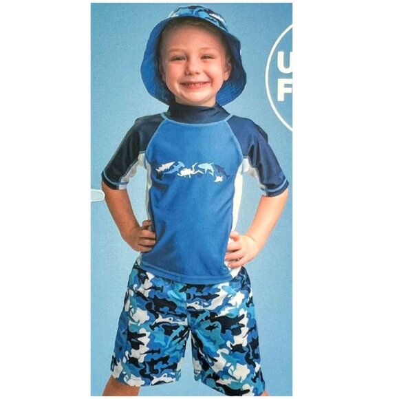 UV Skinz | Boy's Shark Theme Swimwear Set | 3 Pieces | Blue & White | Size 4T - Picture 3 of 3